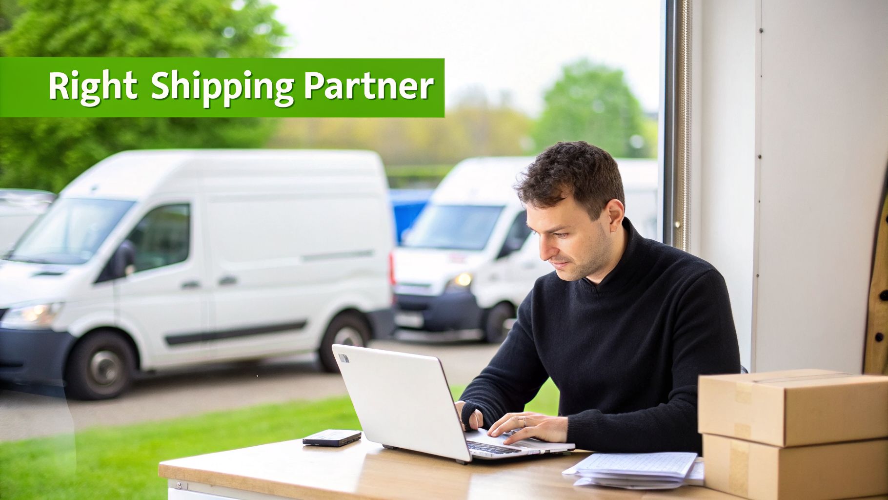 A man uses a laptop at a desk with boxes, while delivery vans are parked outside, indicating a shipping business.