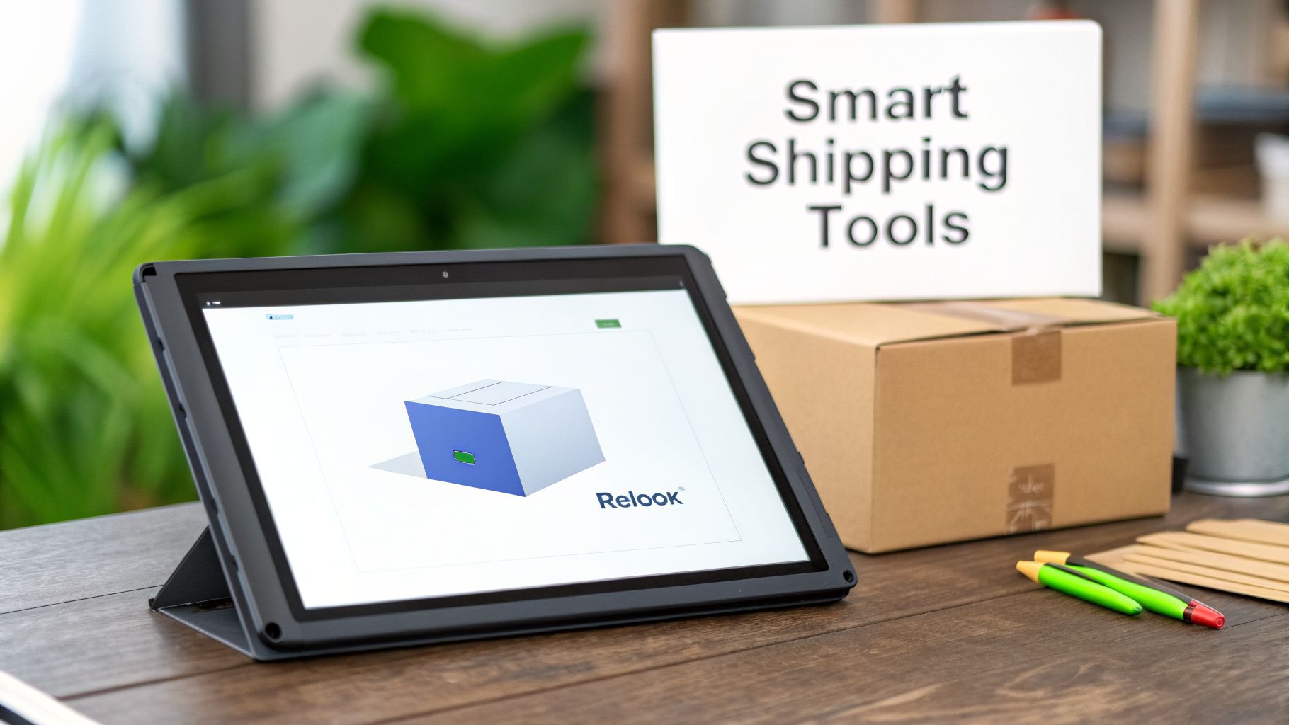 A tablet shows Relook shipping software next to a cardboard box and a 'Smart Shipping Tools' sign.