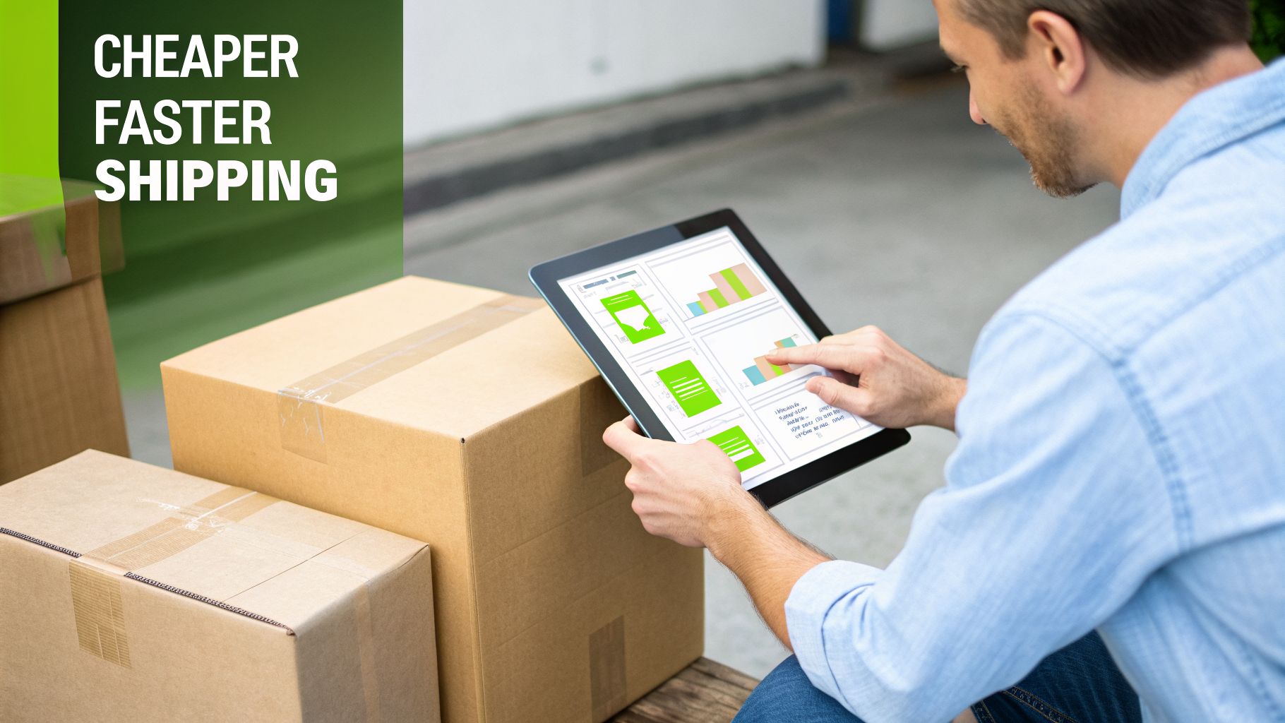A man uses a tablet to optimize shipping logistics, surrounded by cardboard boxes for cheaper, faster delivery.