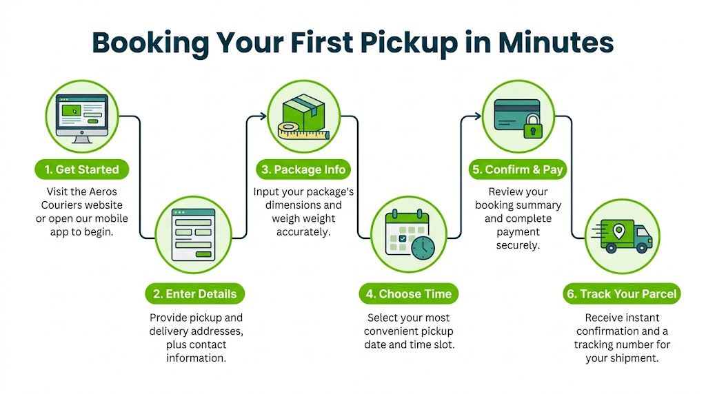 A step-by-step infographic titled Booking Your First Pickup in Minutes, showing the process to ship a parcel.