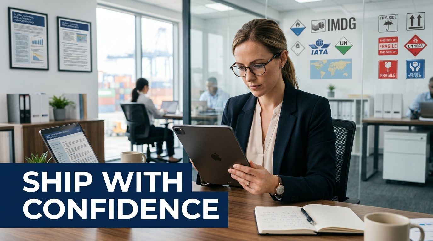 A professional woman in an office working on a tablet with logistics symbols displayed on the glass partition.