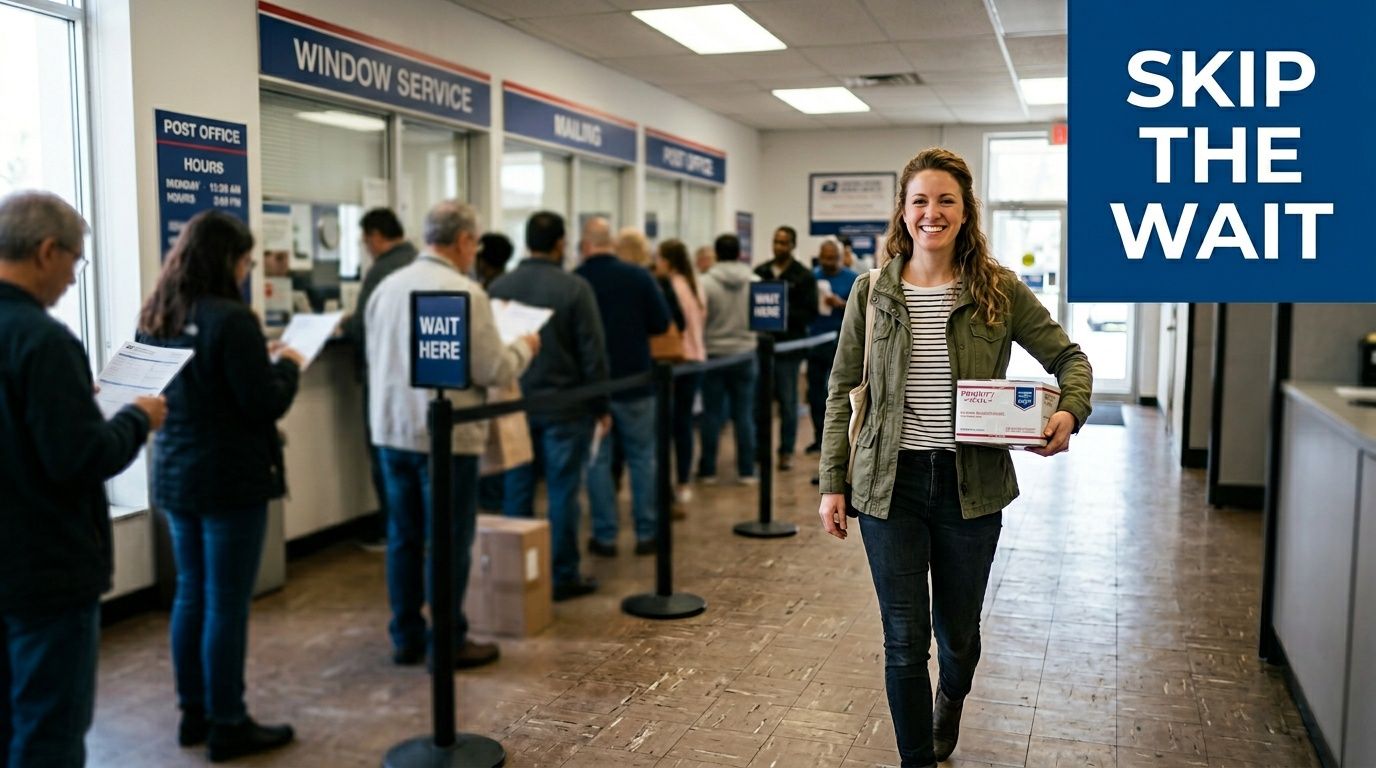 A smiling woman carrying a postal box walking past customers waiting in line at the post office.