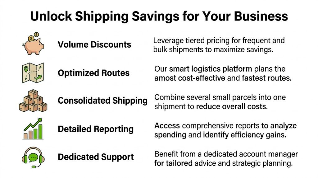 A business infographic illustrating five key ways to achieve shipping cost savings for company logistics.