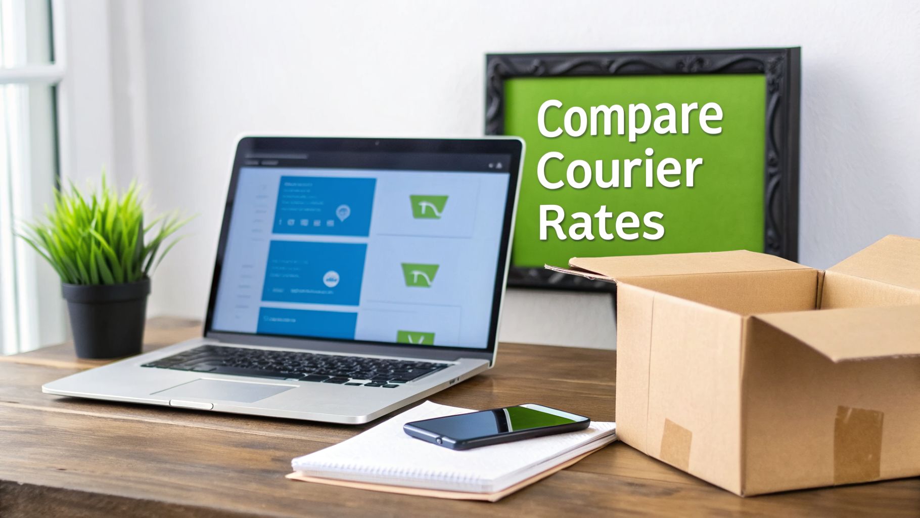 A desk setup with a laptop showing courier rates, a smartphone, and an open cardboard box.