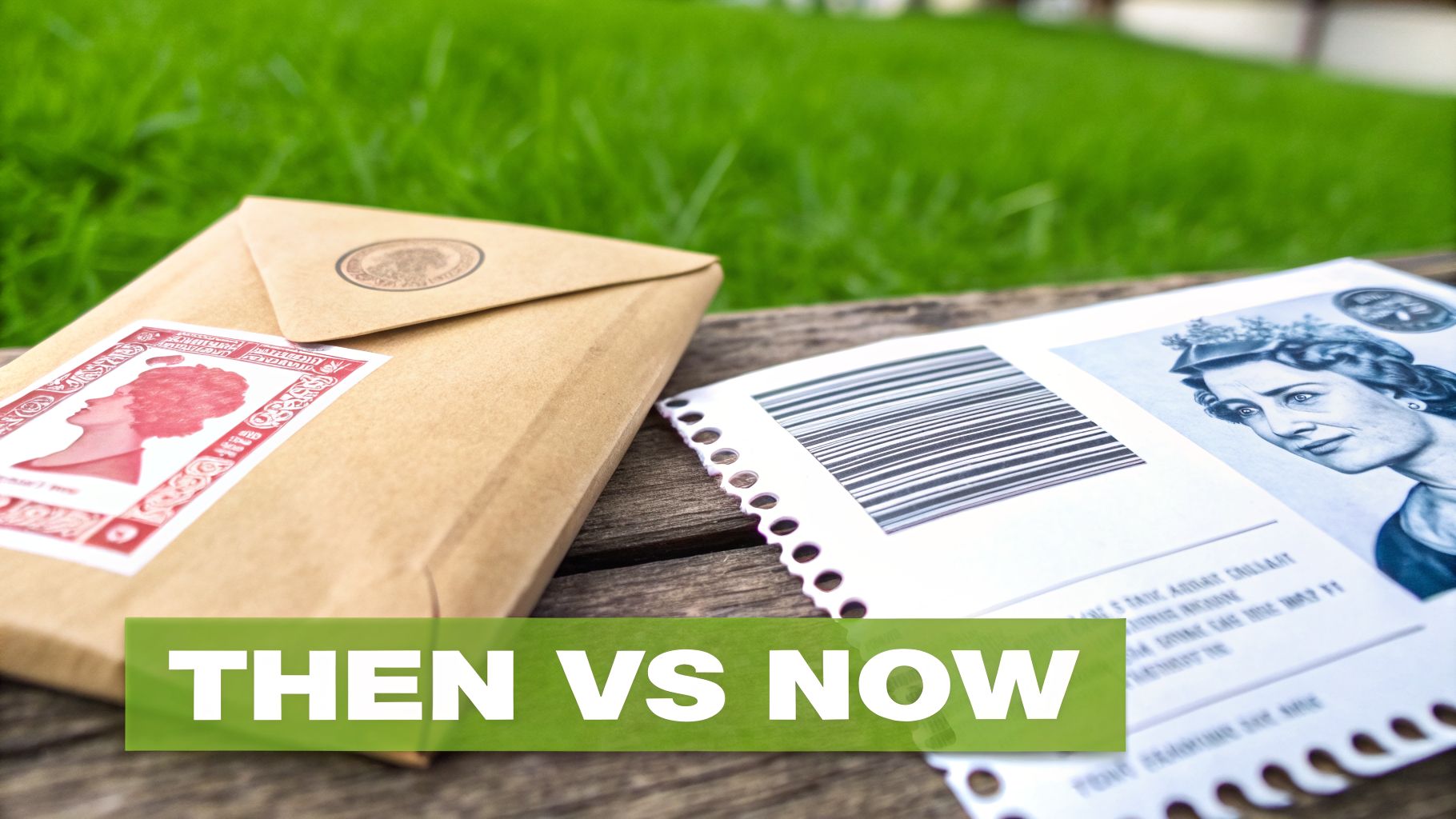 A vintage brown envelope with a stamp next to a modern document with a barcode, symbolizing mail evolution.