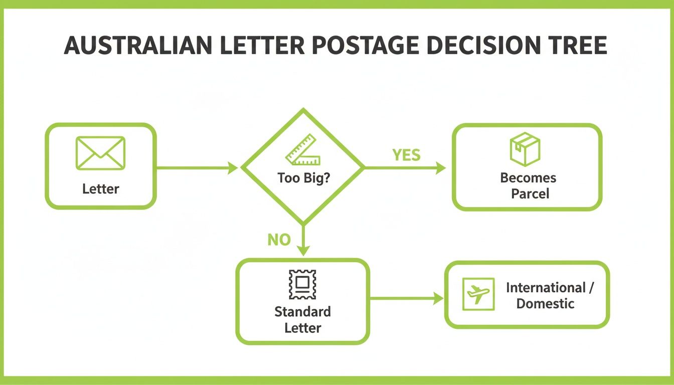 An Australian letter postage decision tree flowchart showing steps for letters becoming parcels.