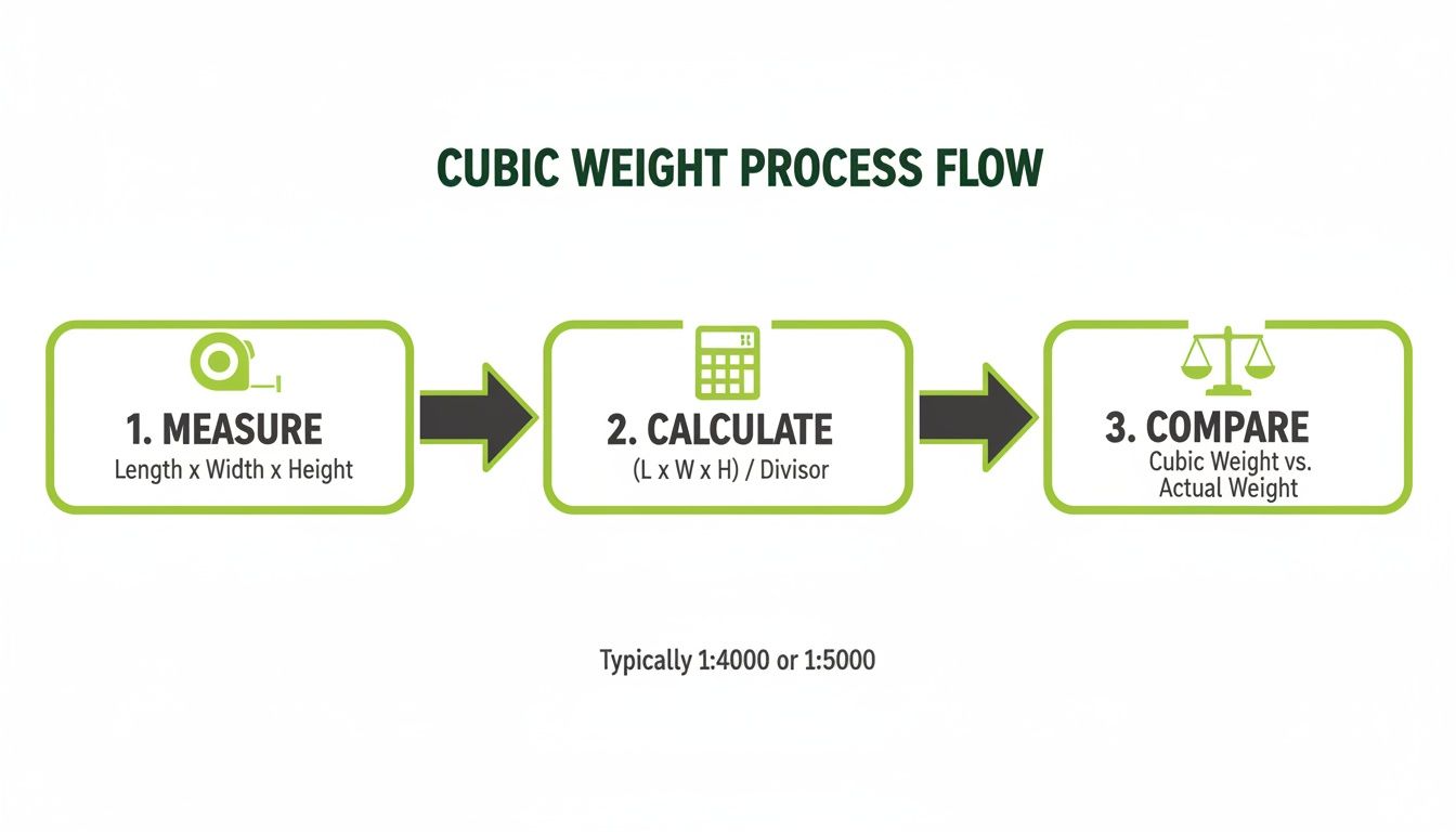 Flowchart detailing the three steps of cubic weight calculation: measure, calculate, and compare with actual weight.