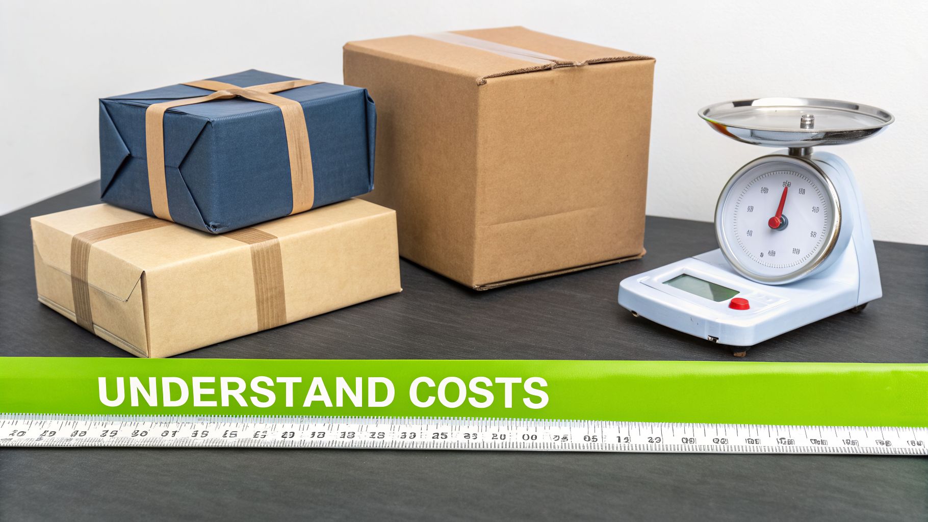 Several parcels and a postal scale on a dark table with a ruler saying 'Understand Costs'.