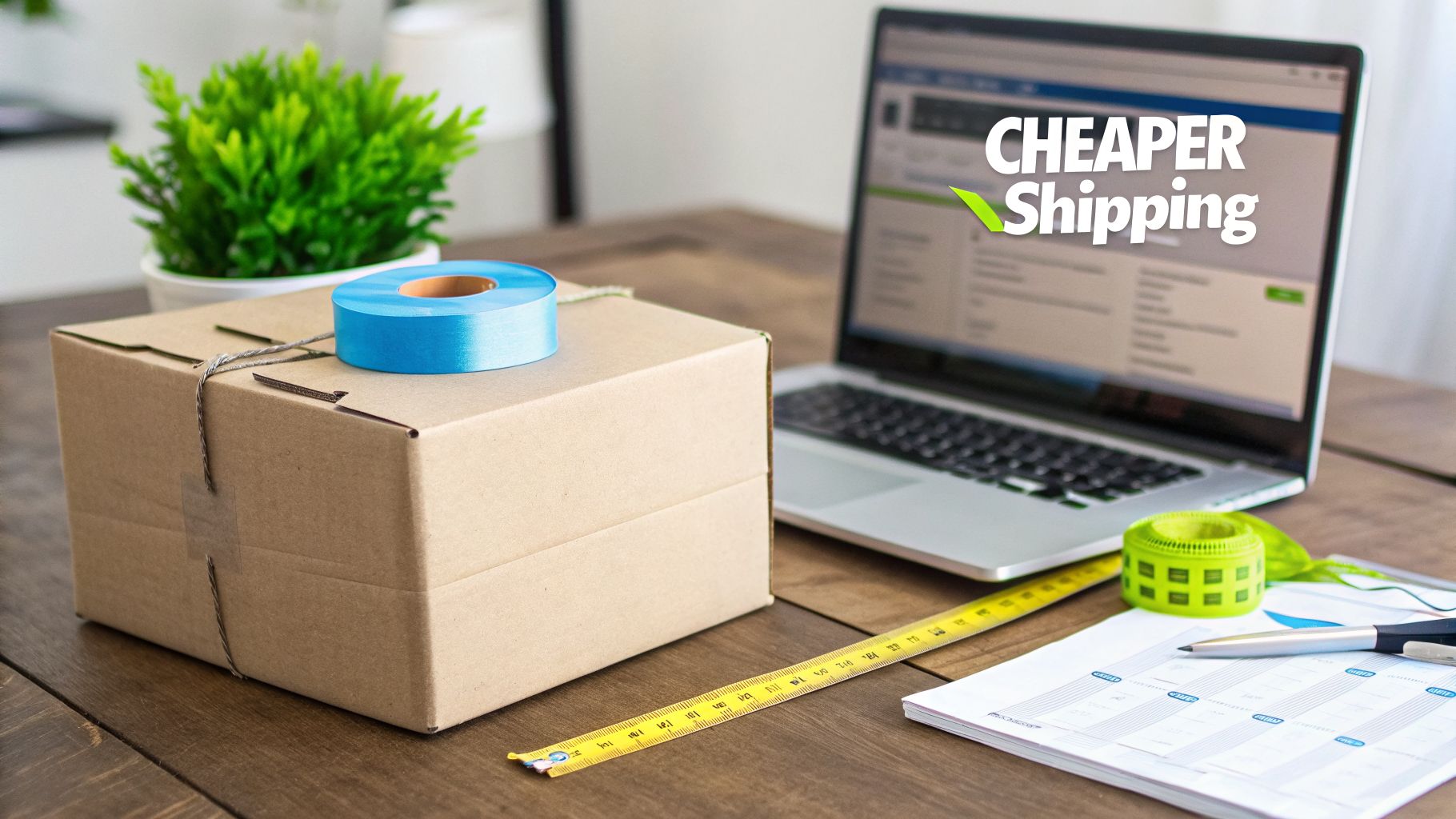 Preparing a package on a wooden desk with measuring tools and a laptop showing cheaper shipping.