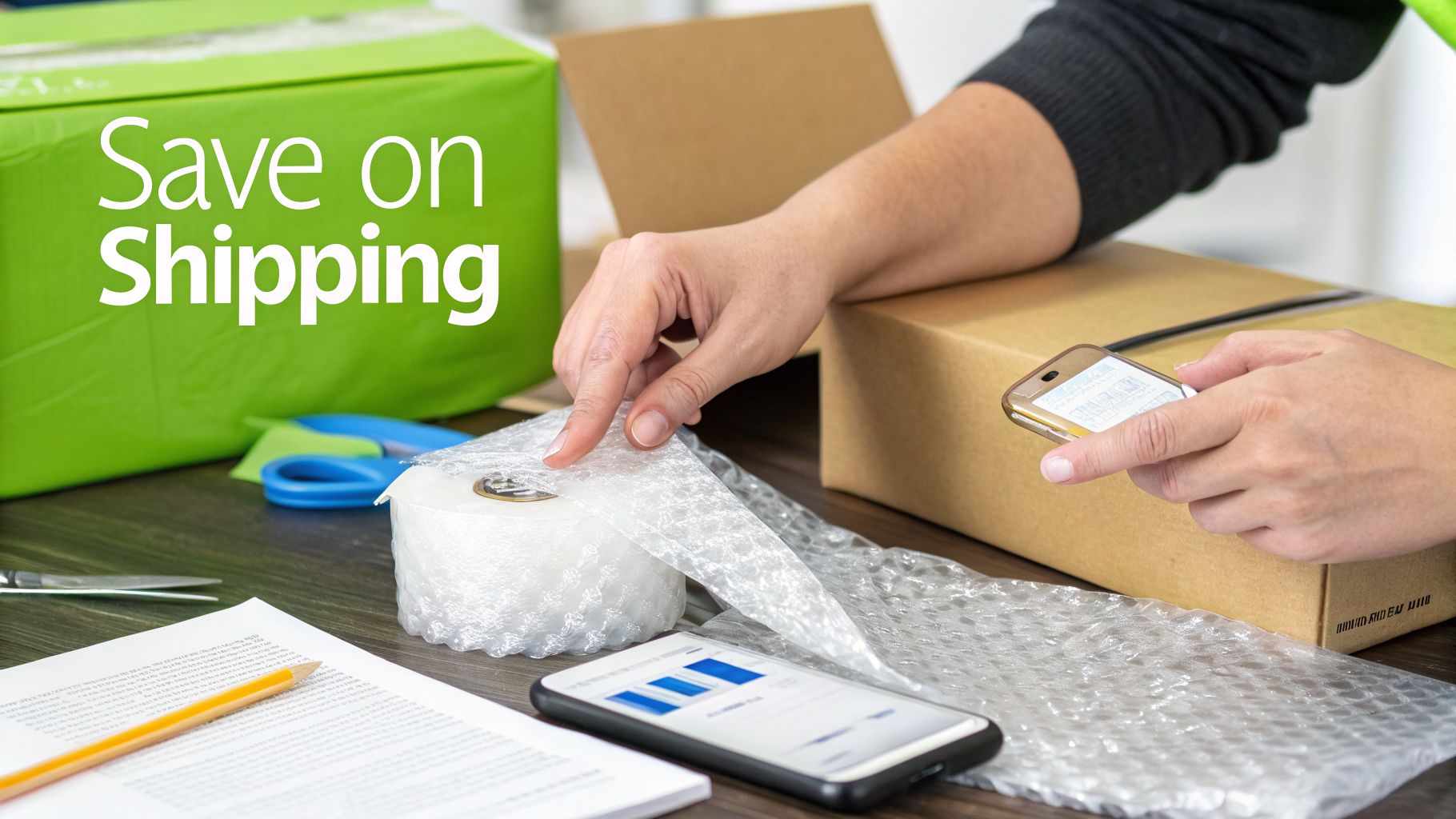 Hands packing a box with bubble wrap and using a smartphone, surrounded by shipping supplies to save costs.