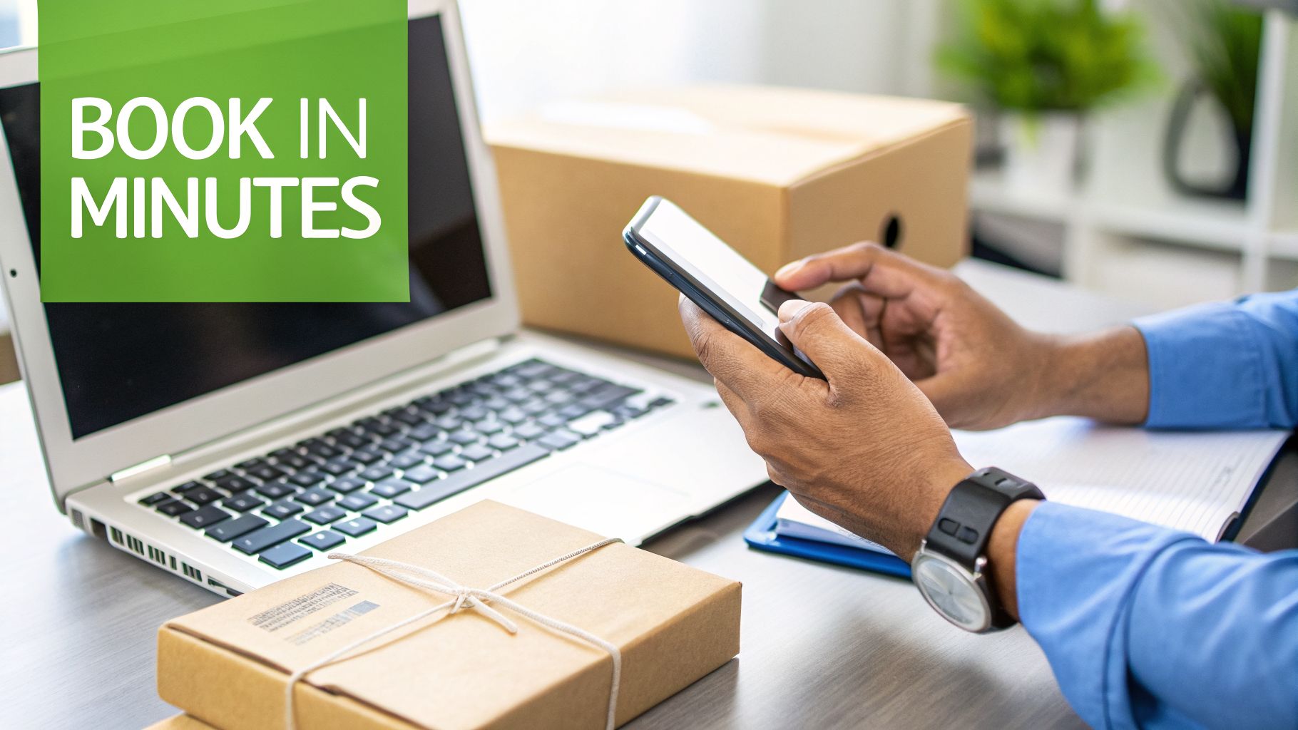 A person uses a smartphone and laptop to book a delivery service with parcels on a desk.