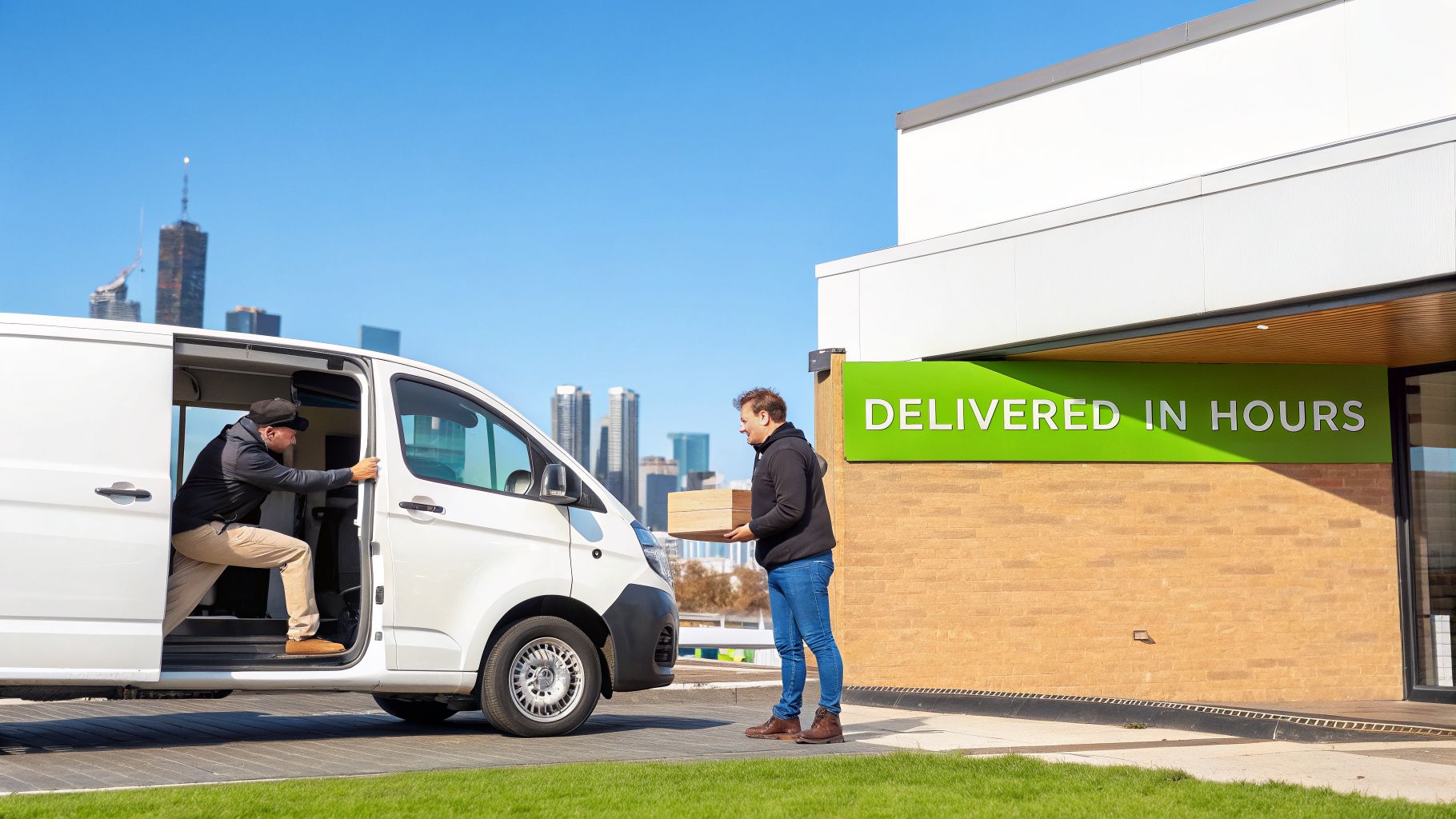 Delivery personnel exchange packages from a white van outside a building with a fast delivery sign.