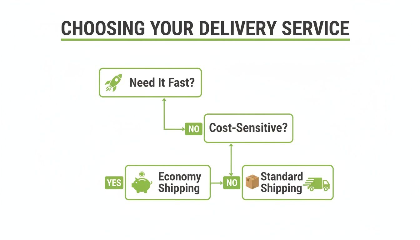 A flowchart illustrating how to choose between economy, standard, or fast delivery services based on speed and cost.