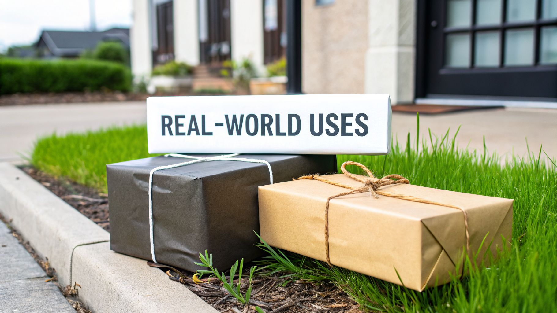 Three delivery packages, one with 'REAL-WORLD USES' text, placed on grass outside a house.
