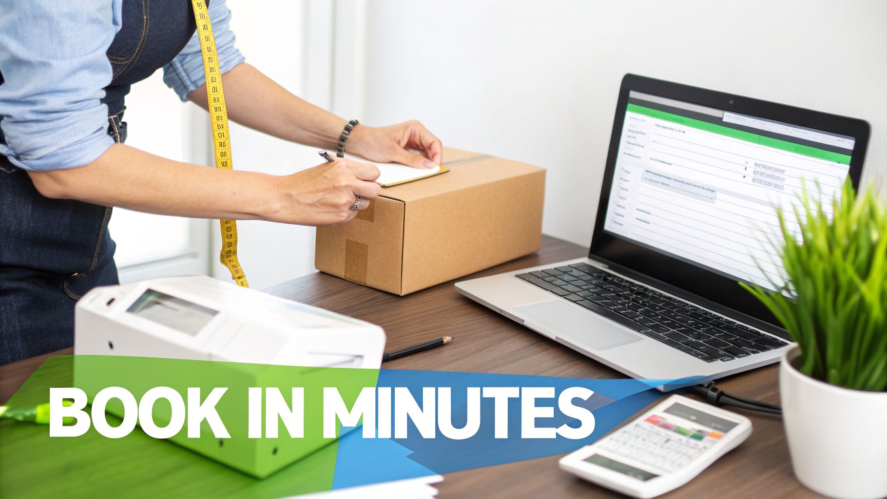 Person's hands writing on a shipping box with a laptop and office supplies on a desk.