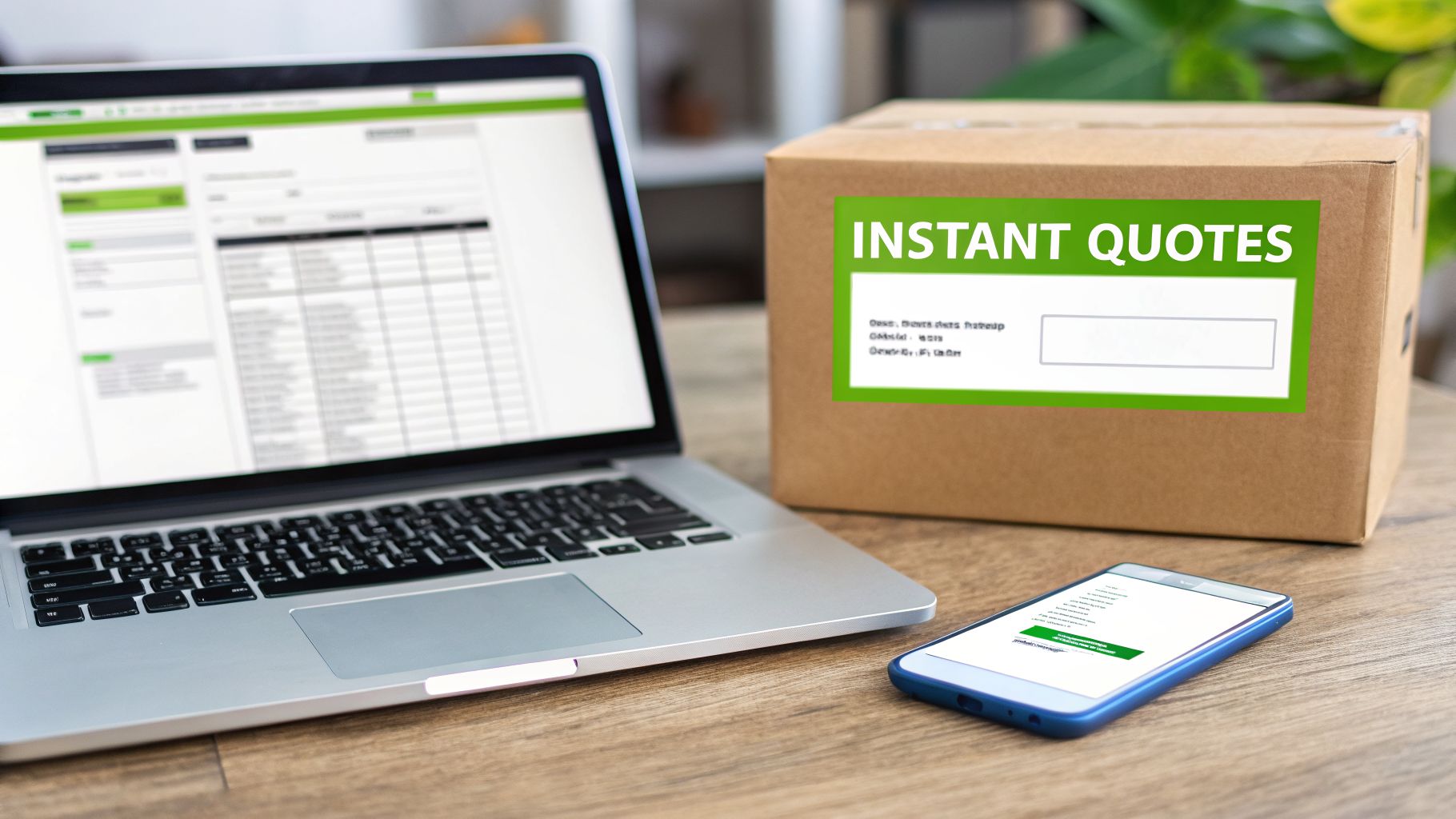Laptop, smartphone, and a box labeled 'Instant Quotes' on a wooden desk, suggesting quick online services.