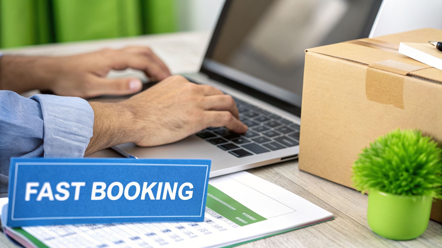 A person types on a laptop next to a 'FAST BOOKING' sign and a cardboard box.
