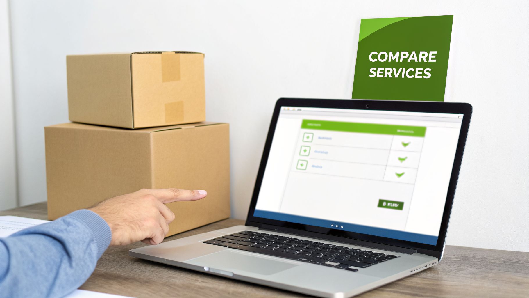 A person's hand points at a laptop displaying service options, with shipping boxes and a 'COMPARE SERVICES' sign nearby.