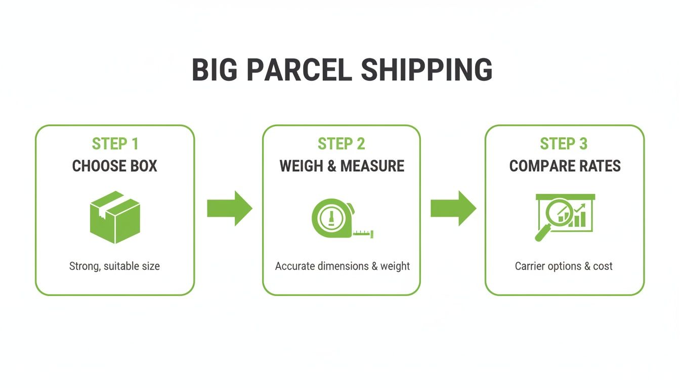 A three-step guide for big parcel shipping: choose box, weigh and measure, then compare rates.