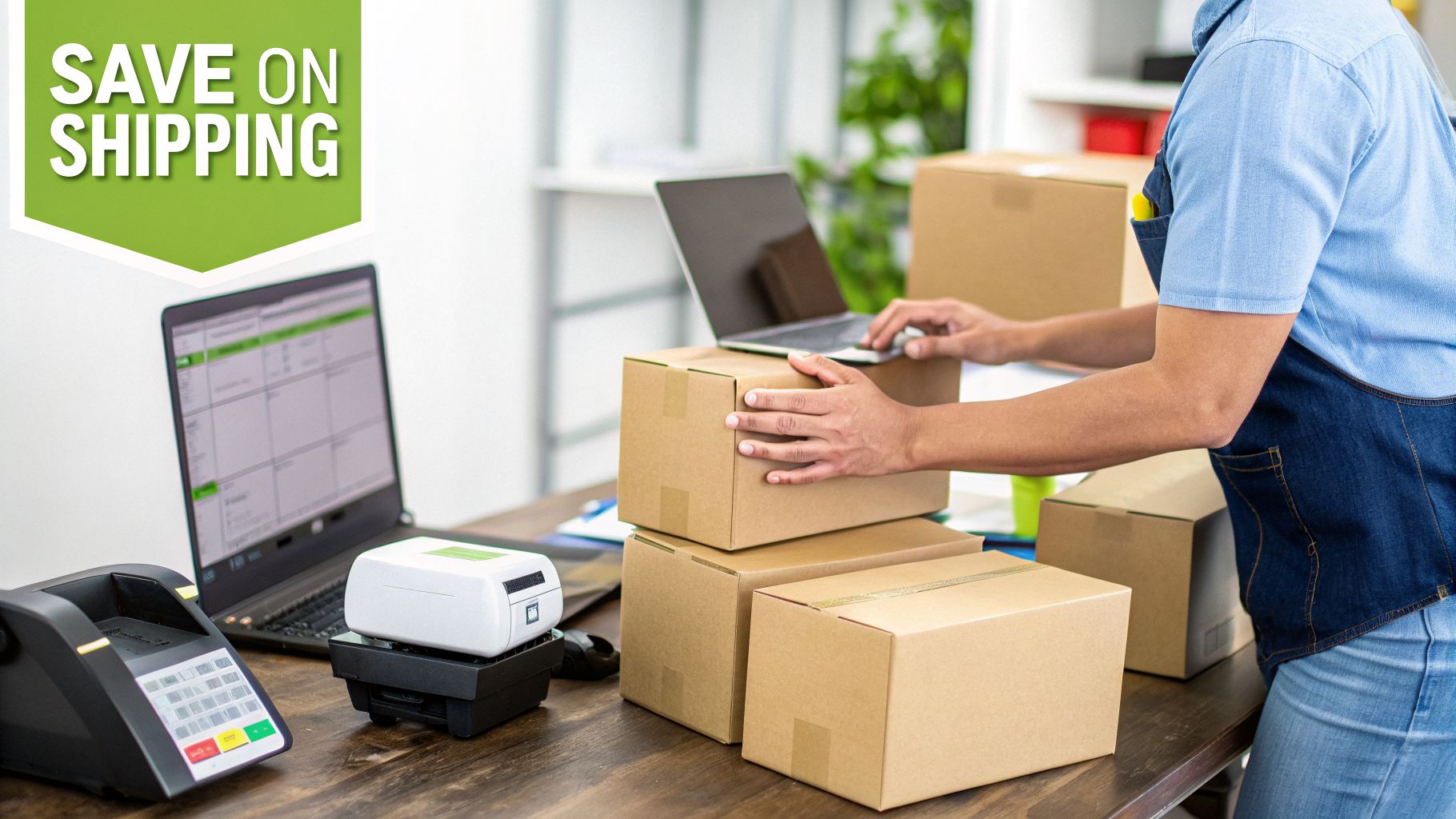 Person packing cardboard boxes, using a laptop and shipping equipment on a wooden desk.