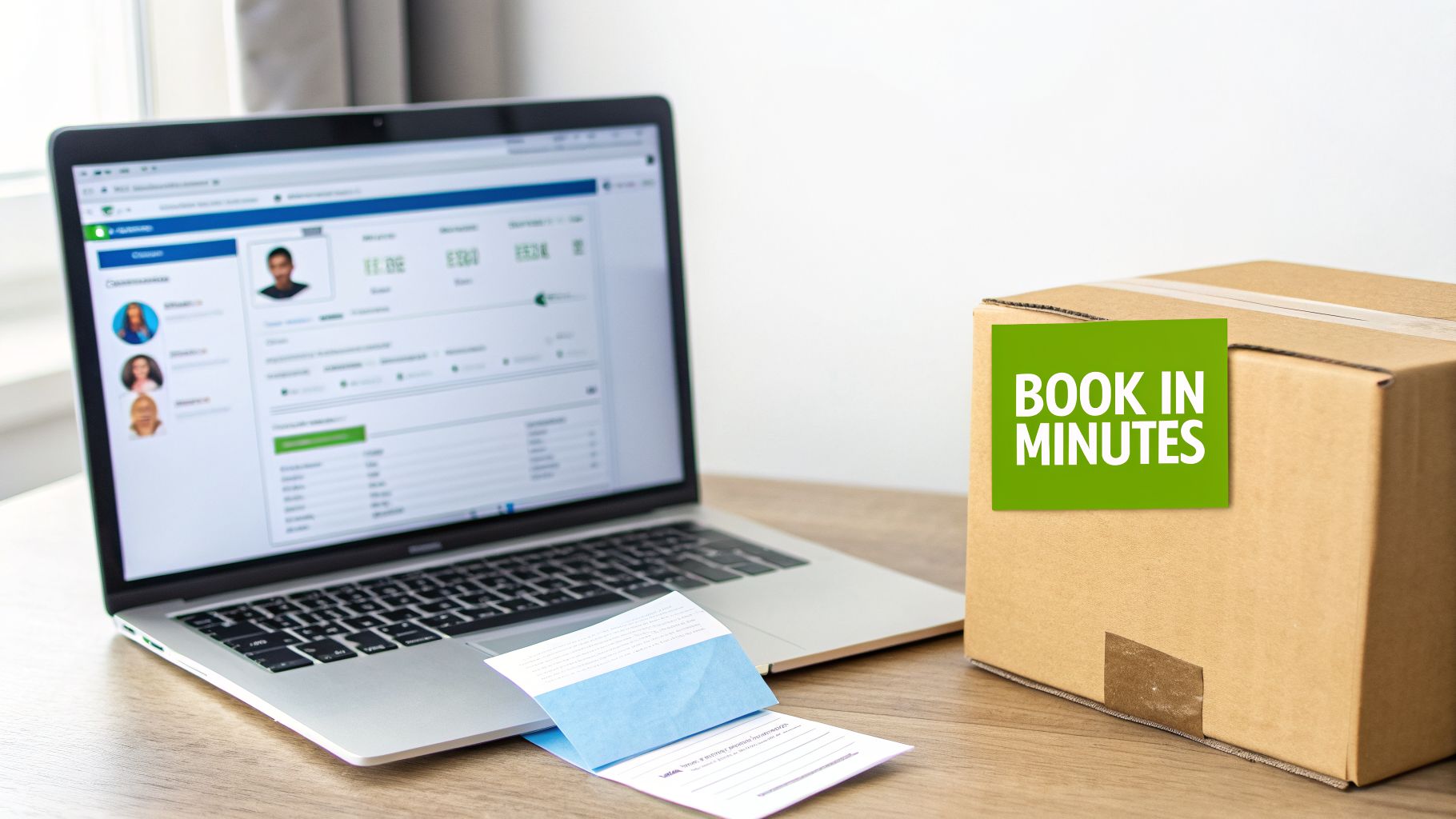 A laptop displays a shipping management interface next to a cardboard box with a "BOOK IN MINUTES" sticker.