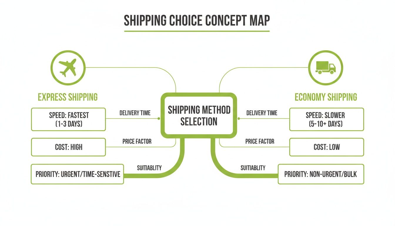 Concept map detailing shipping method selection, comparing express (fast, high cost) and economy (slower, low cost) options.