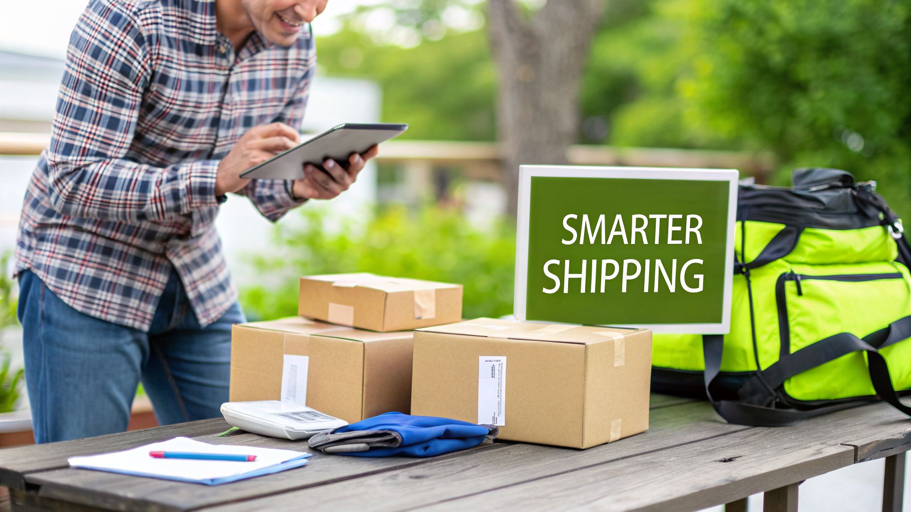 A smiling man uses a tablet to process packages for smarter shipping, with a scale and courier bag.