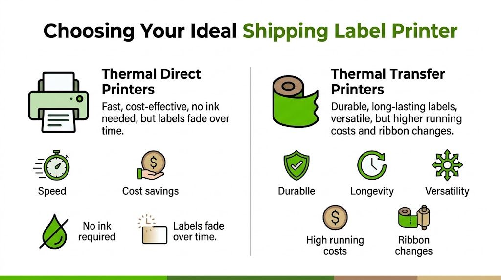 A comparison infographic between thermal direct and thermal transfer shipping label printers highlighting pros and cons.