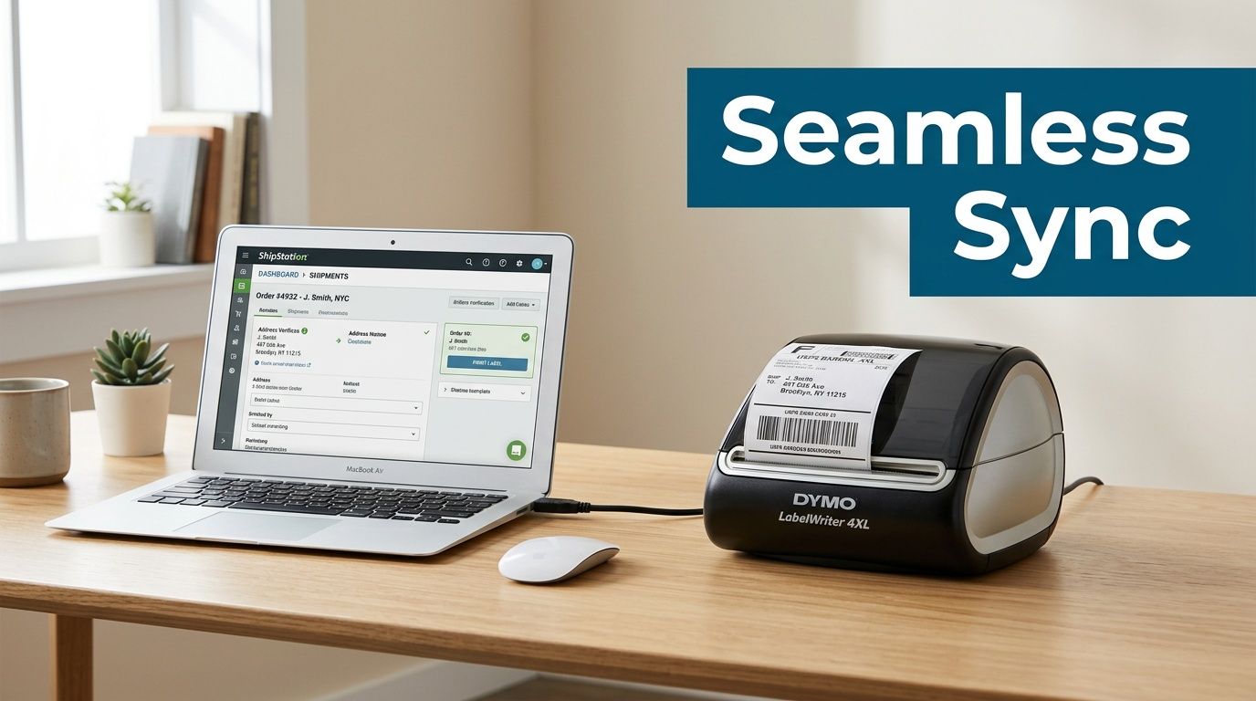 A laptop showing ShipStation software connected to a DYMO LabelWriter 4XL printer on a wooden desk.