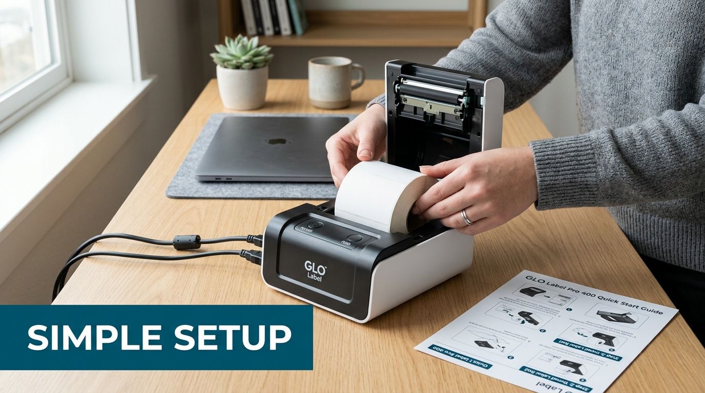 A person setting up a Glo Label Pro 400 shipping label printer on a wooden desk.