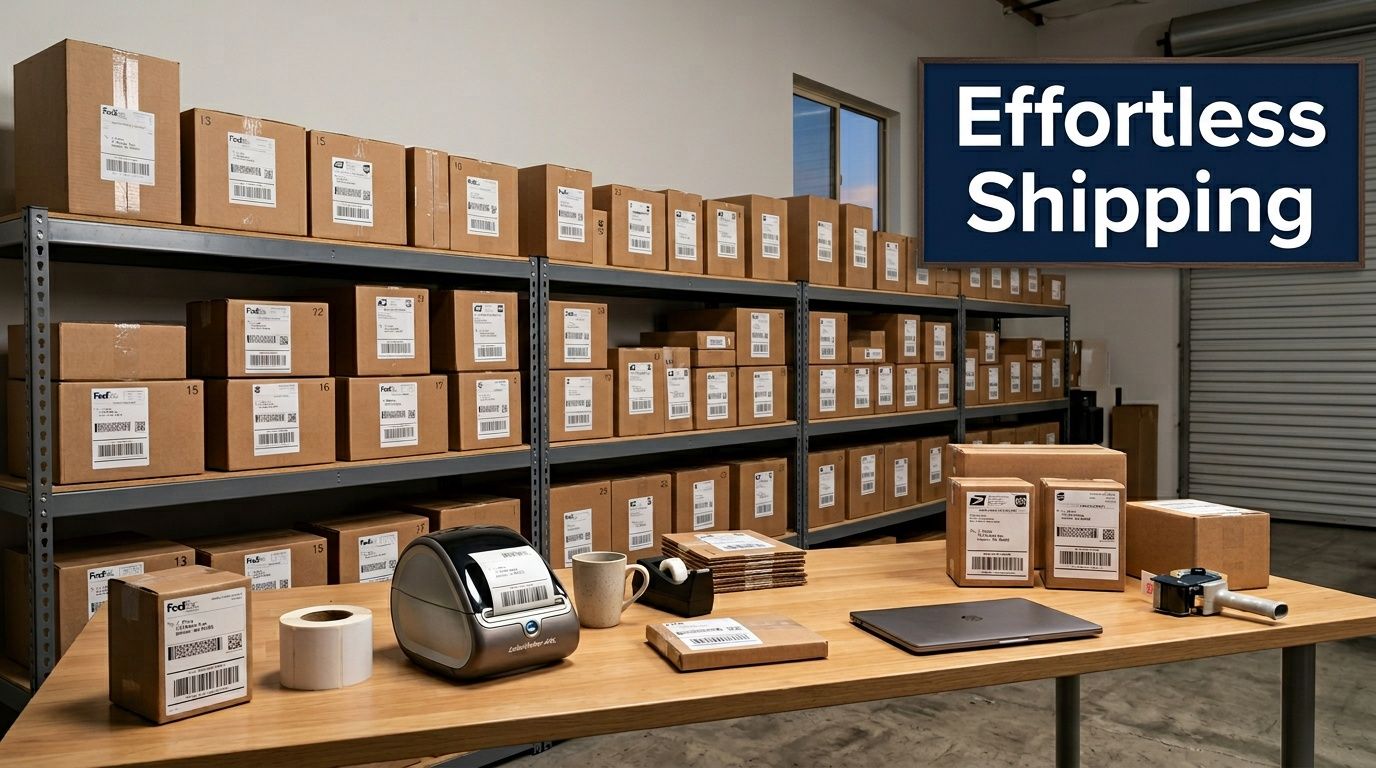 A warehouse office workspace featuring a shipping label printer, packed boxes on shelves, and shipping supplies.