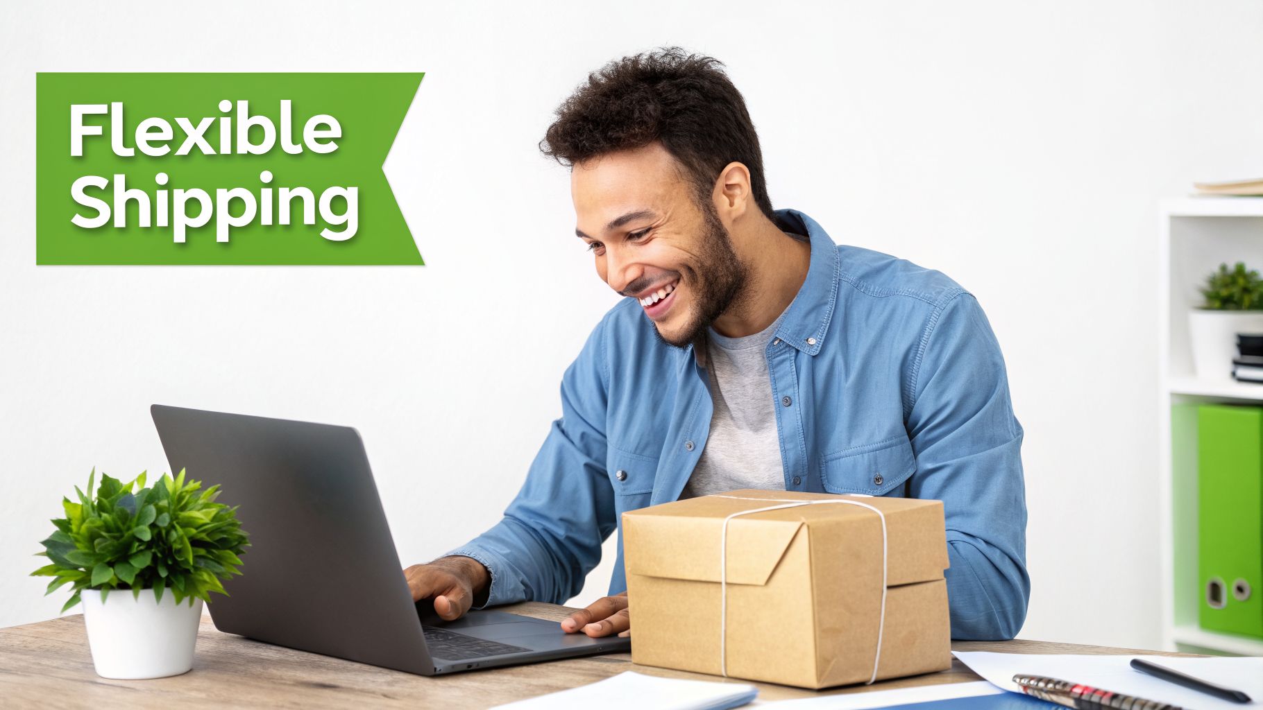 A smiling man works on a laptop next to a shipping package, with a 'Flexible Shipping' banner.