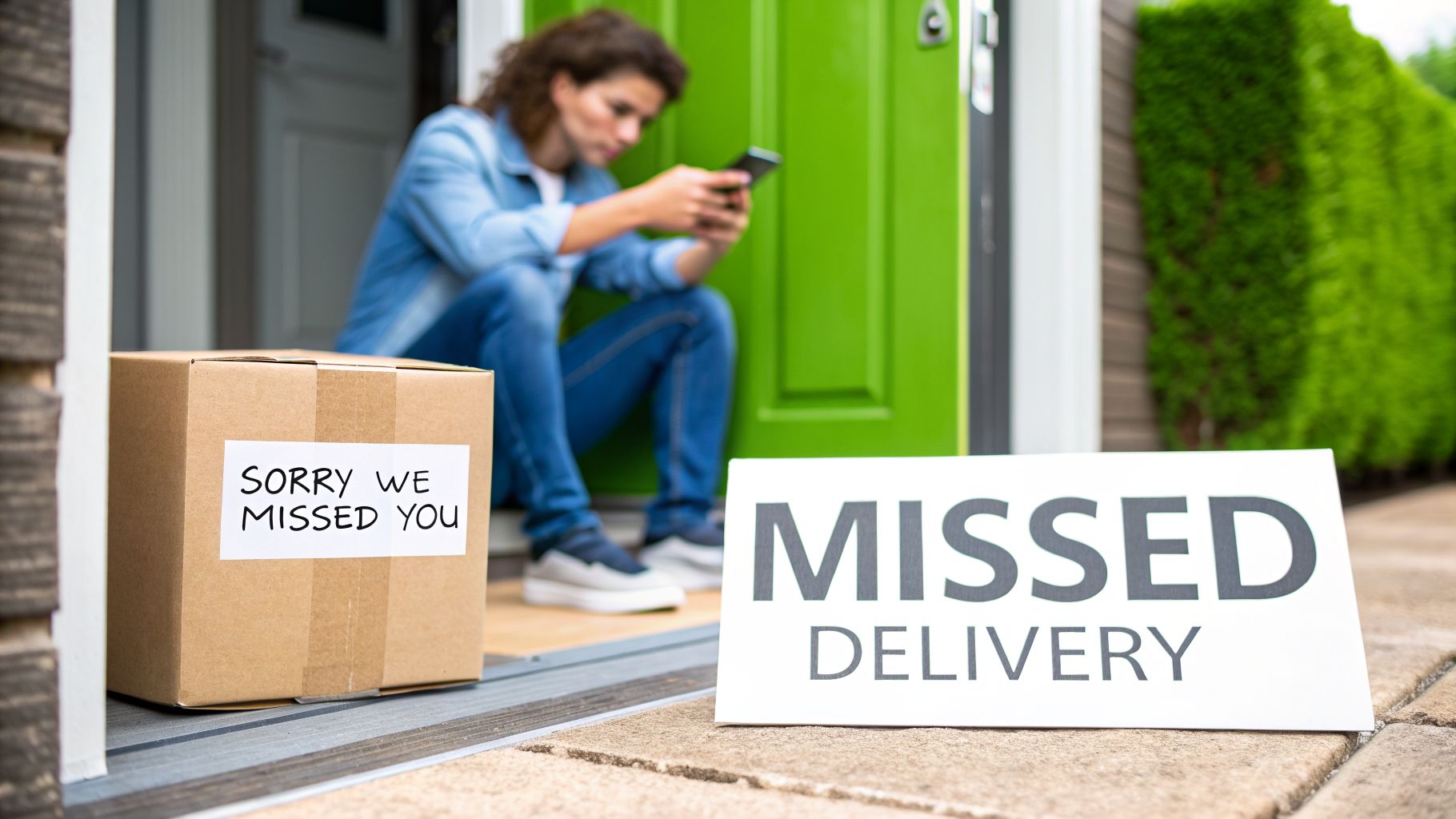 A person sits on a doorstep, looking at their phone, next to a missed delivery package and sign.