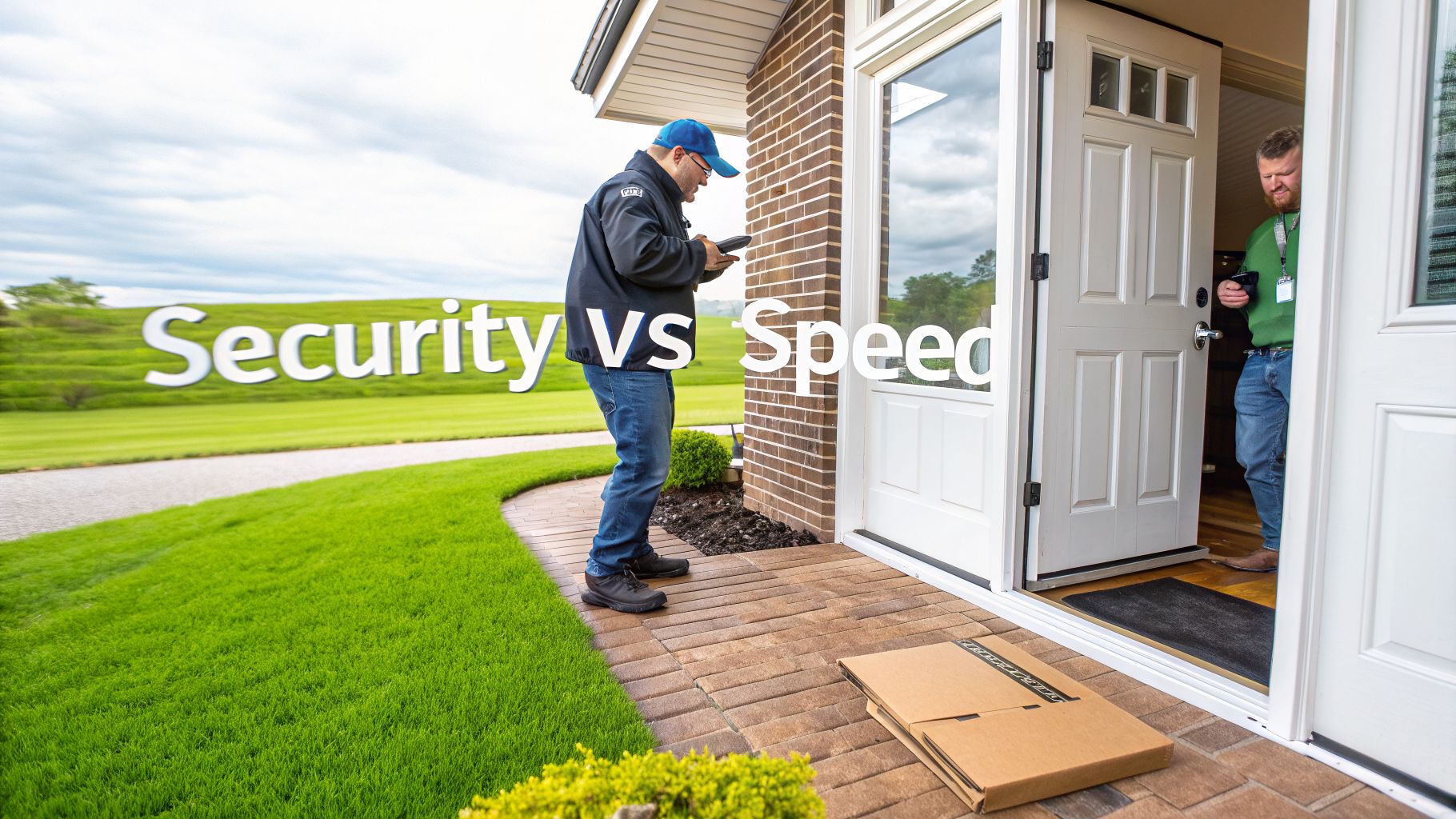 A delivery driver and homeowner at a doorstep, with a package on the ground, illustrating security versus speed.