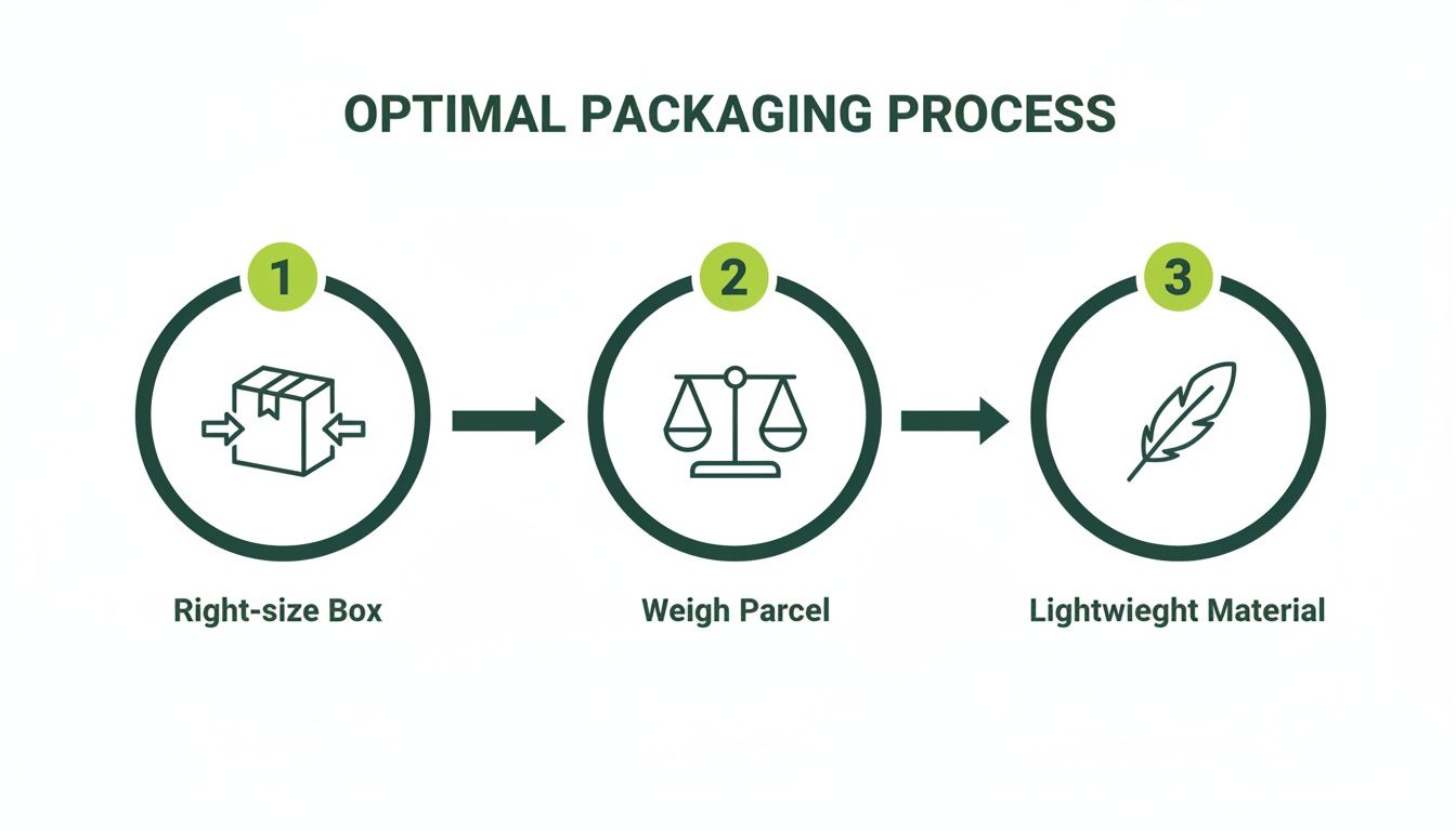 An infographic detailing an optimal packaging process with three steps: right-size box, weigh parcel, and lightweight material.