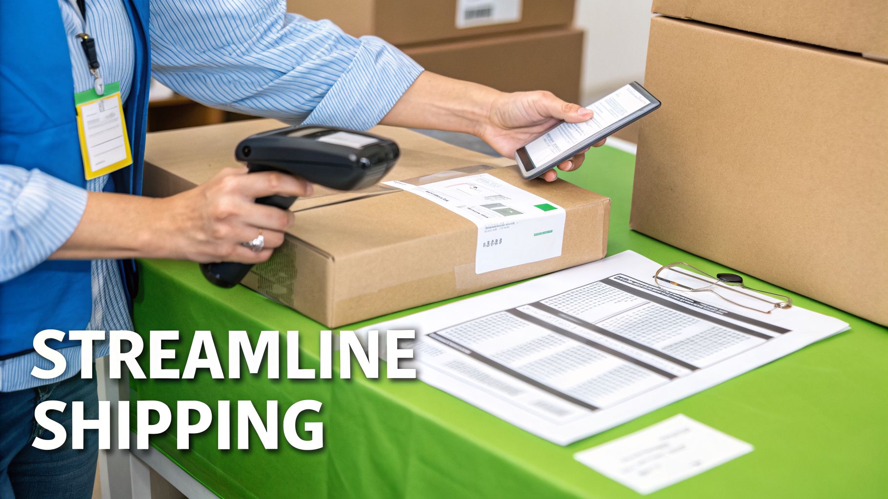 A person in a blue vest scans a package with a barcode scanner while holding a smartphone, streamlining shipping logistics.