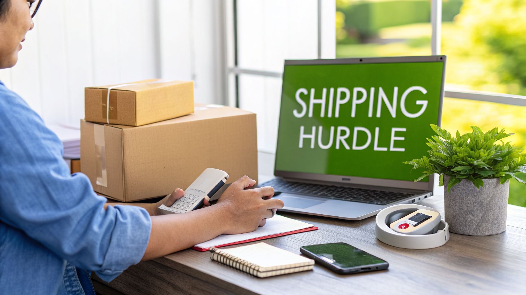 Person managing shipping with boxes, calculator, laptop displaying 'SHIPPING HURDLE', and phone on desk.