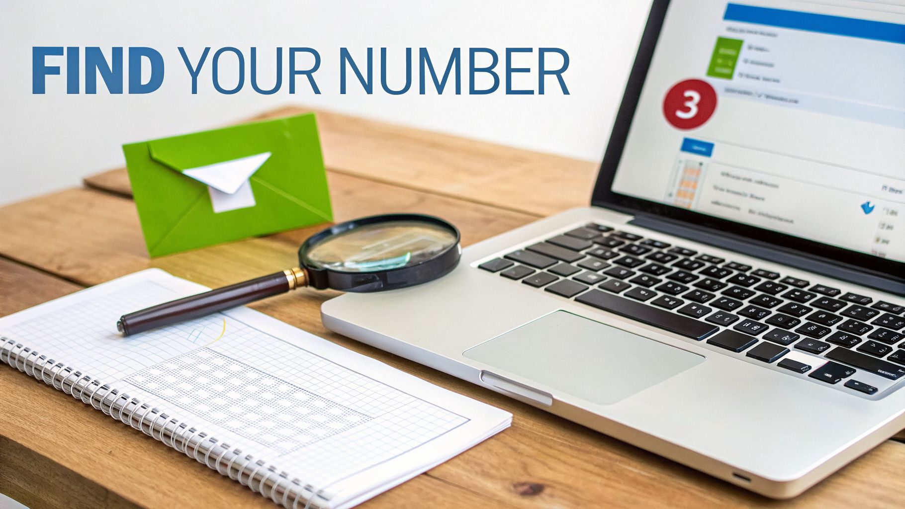A laptop, magnifying glass, and notebook on a wooden desk with 'FIND YOUR NUMBER' text.