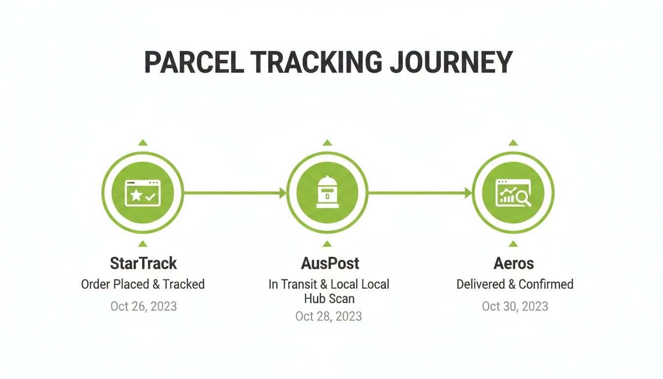 A parcel tracking journey timeline showing steps from StarTrack order to AusPost transit and Aeros delivery confirmation.
