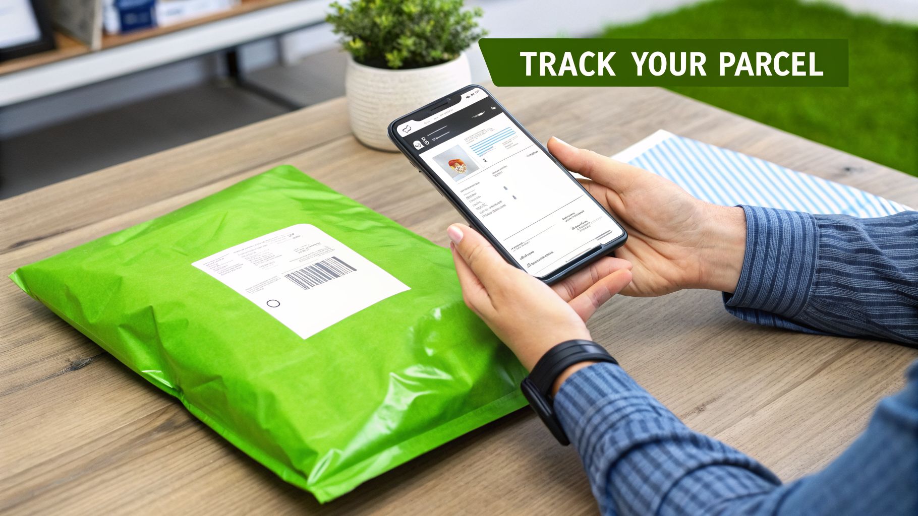 Hands hold a smartphone tracking a green parcel on a wooden table, emphasizing package delivery.