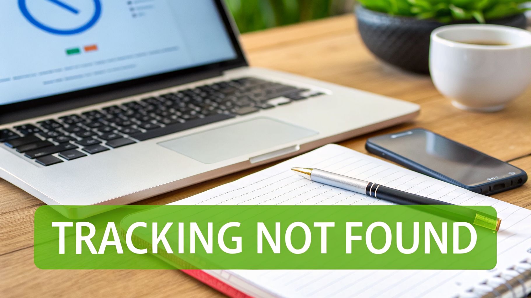 A desk setup with a laptop showing a chart, a notebook, pen, smartphone, and coffee cup, featuring 'TRACKING NOT FOUND' text.