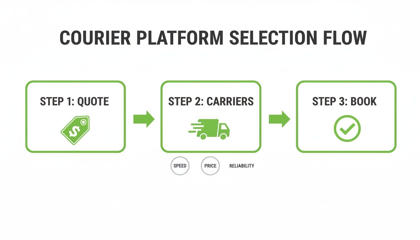 Diagram illustrating a three-step courier platform selection flow: Quote, Carriers, and Book.