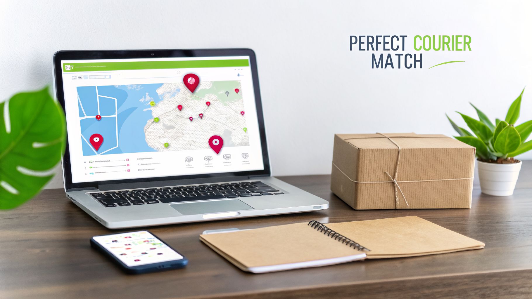 Laptop displays a courier tracking map with multiple pins, alongside a smartphone, a brown paper parcel, and a plant on a wooden desk.