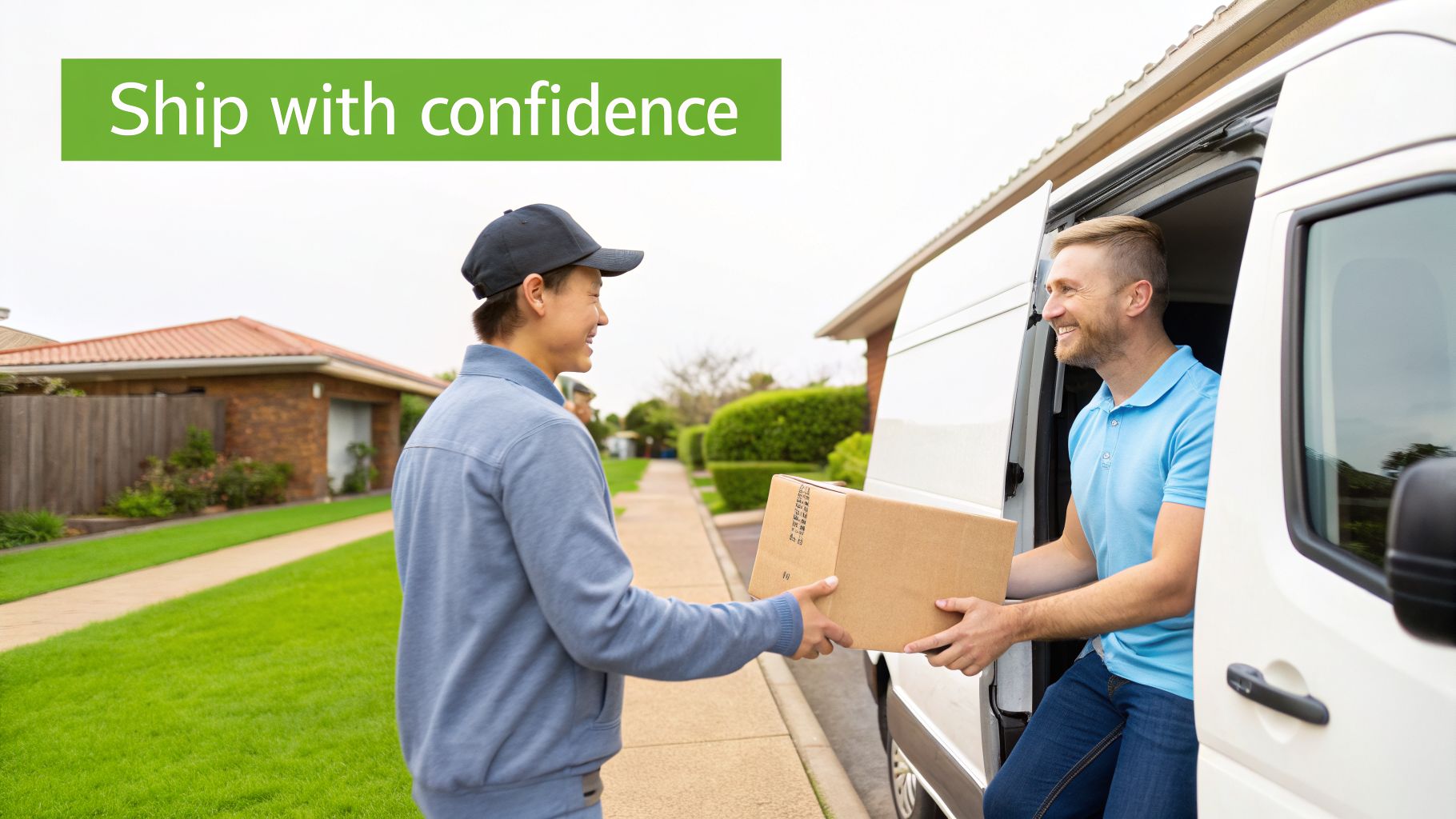 A smiling delivery driver hands a package to a happy customer on a suburban street.