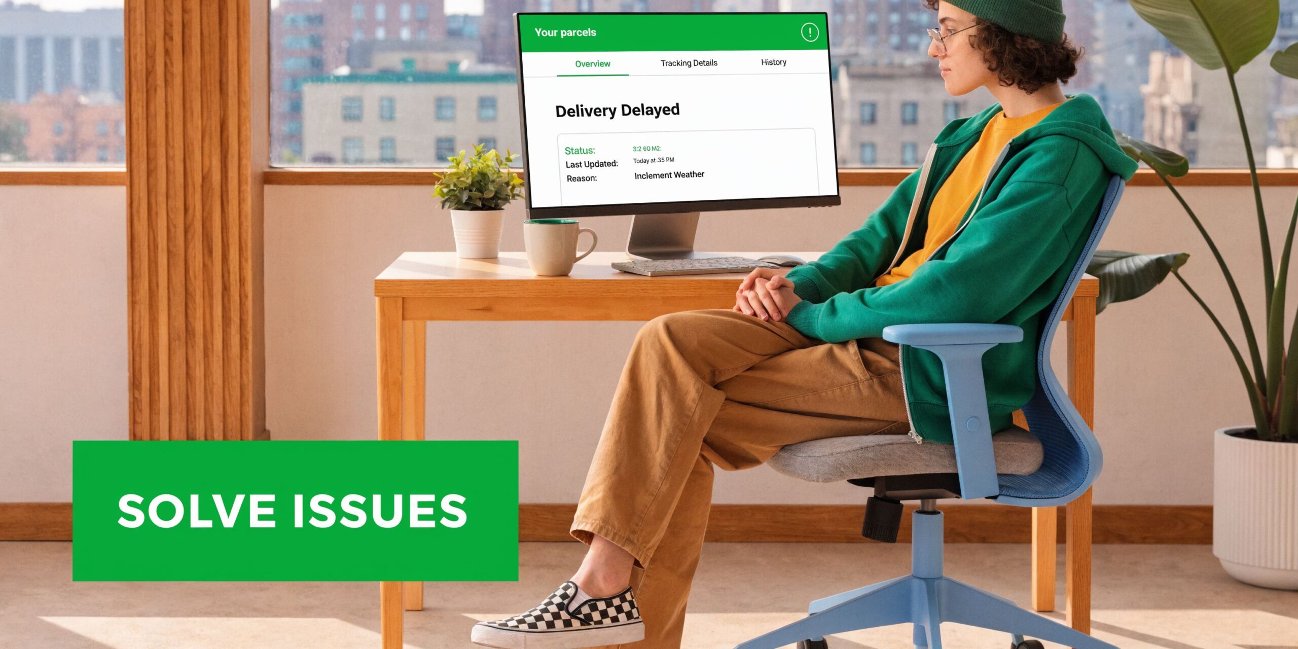 A person sitting at a desk looking at a computer screen showing parcel delivery delay details.