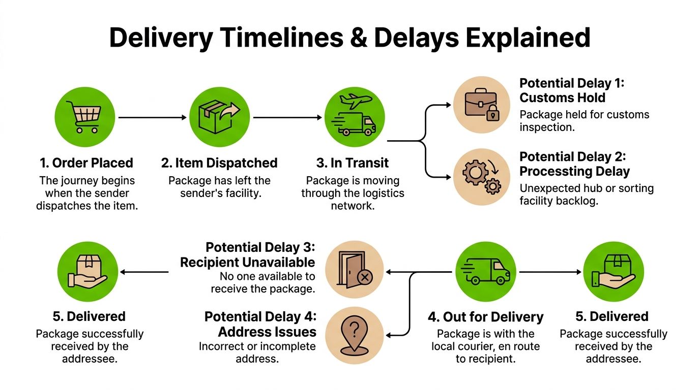 A flowchart explaining the various stages of delivery timelines and common shipping delays for packages.