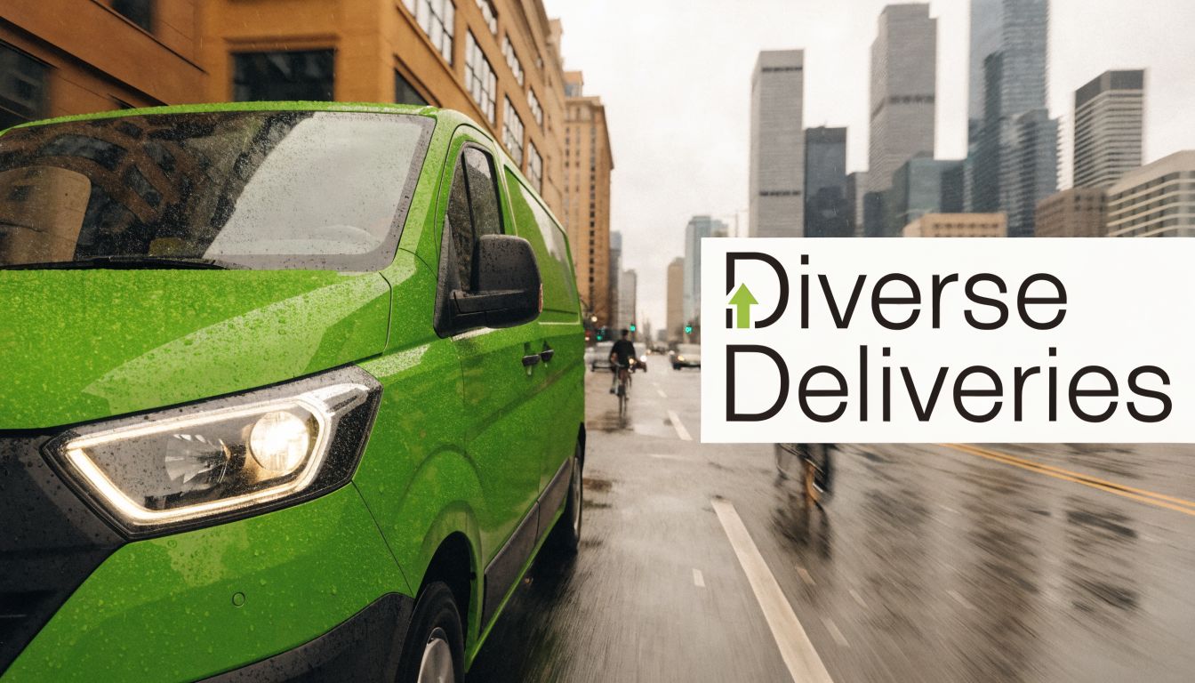 A vibrant green delivery van driving down a wet city street in Melbourne, Australia, past skyscrapers.