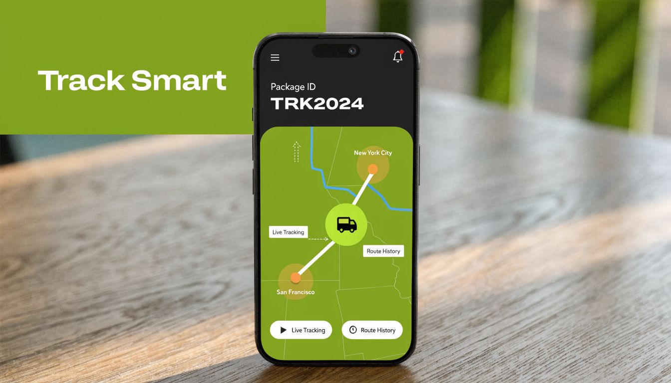 A smartphone screen displaying a logistics tracking application interface with a map route from San Francisco to New York.