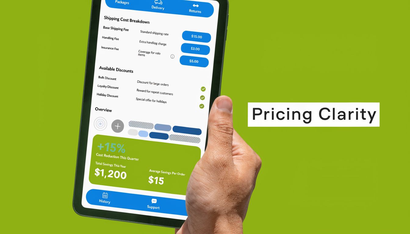 A hand holds a tablet displaying a shipping cost breakdown interface with savings metrics for logistics management.