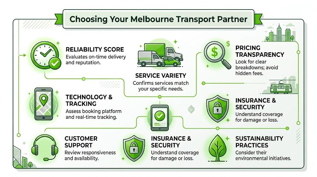 An infographic detailing seven key factors to consider when choosing professional transport companies in Melbourne.
